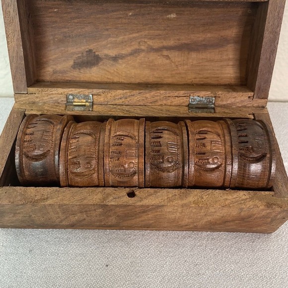 Vintage JCS Co Hand Carved Wood Elephant Napkin Rings Set Of 6 With Wooden Box - Picture 2 of 16